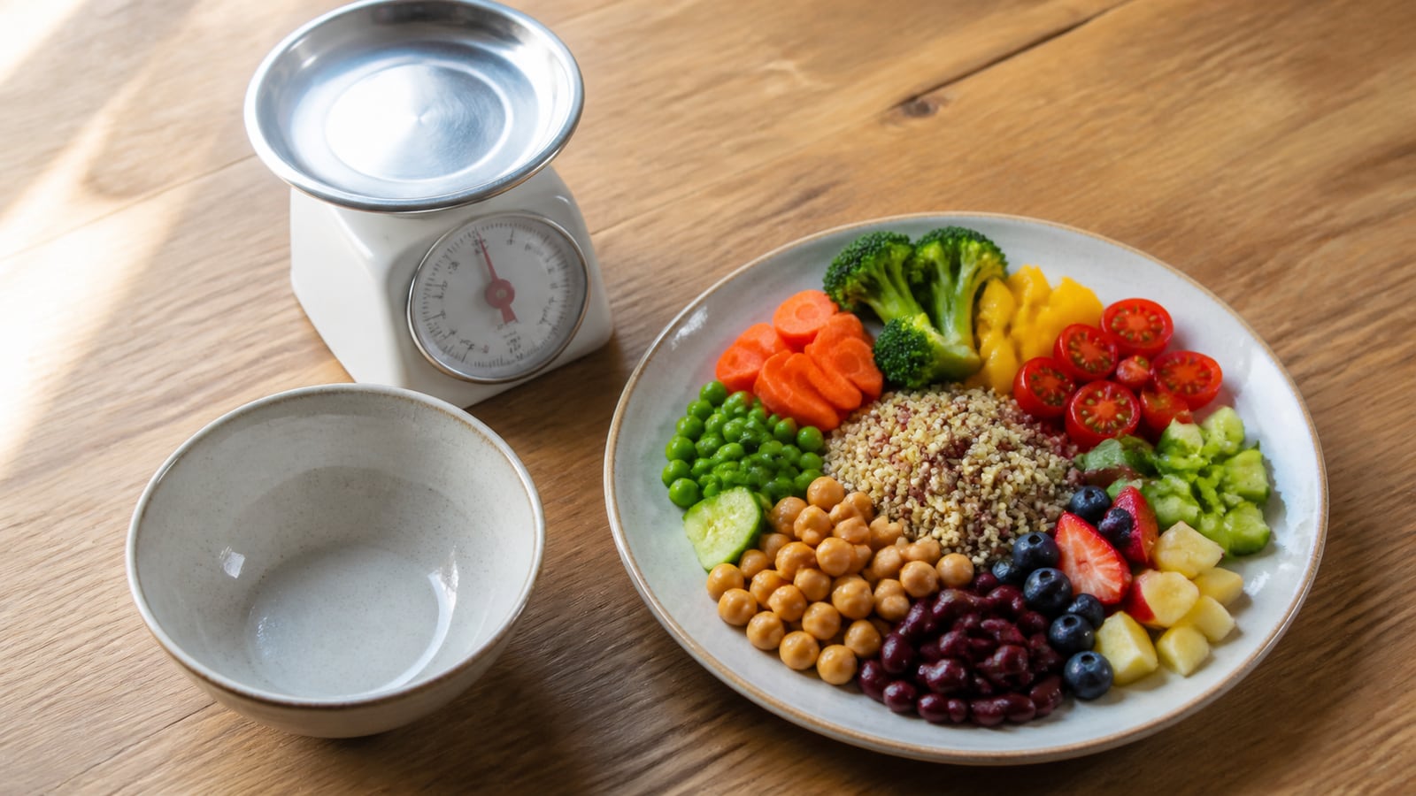 Kleurrijke gebalanceerde maaltijd met groenten granen peulvruchten en fruit