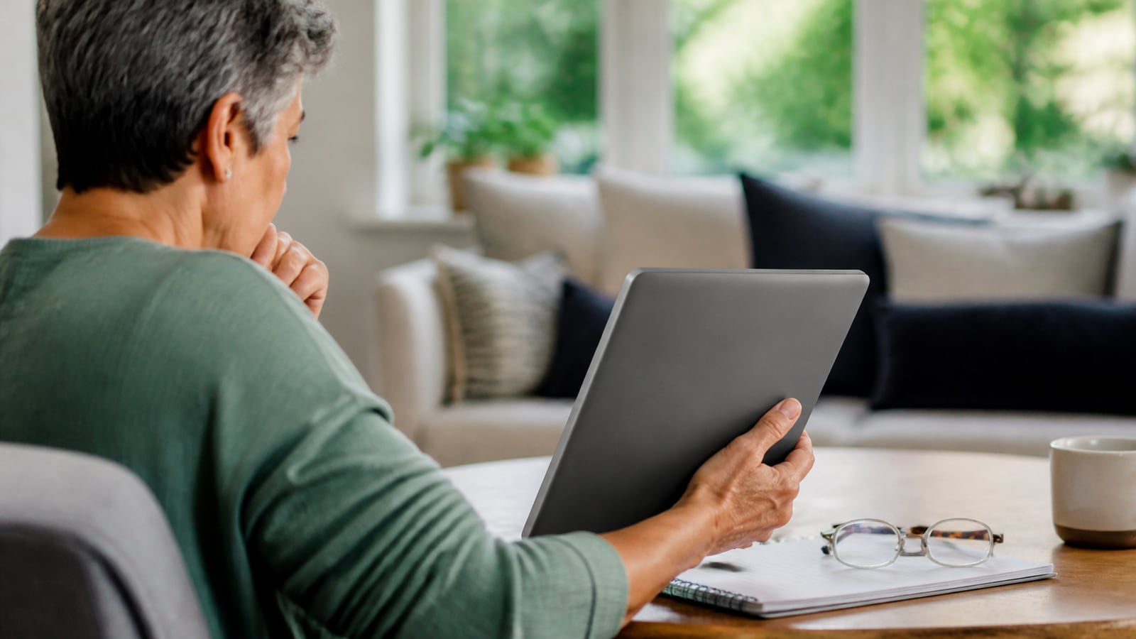 Volwassene die zorgvuldig gezondheidsinformatie op een tablet beoordeelt
