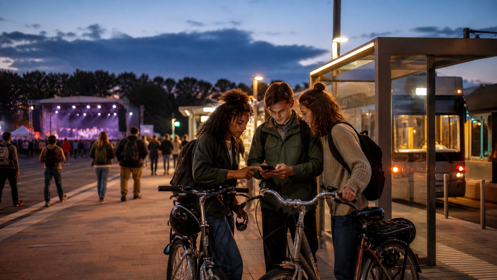 Vrienden die bij schemering samen rustig hun terugweg vanaf een festival plannen