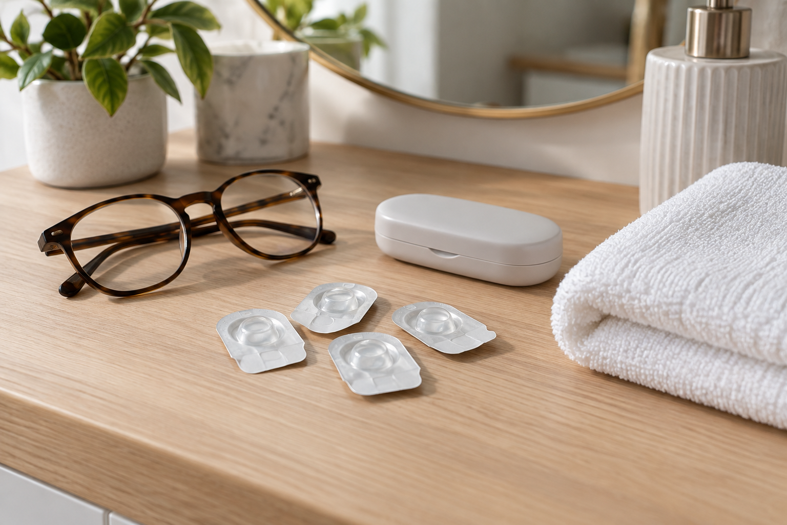 Contactlensverpakkingen en brillenkoker op een droge tafel
