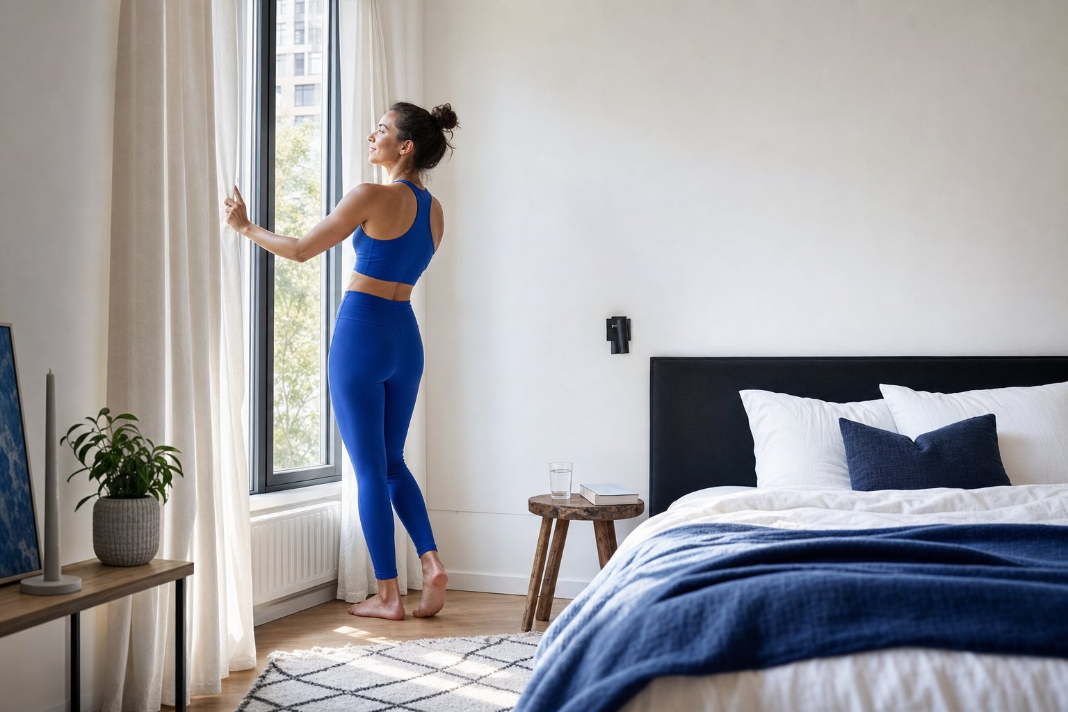 Vrouw opent in de ochtend de gordijnen naast een opgemaakt bed
