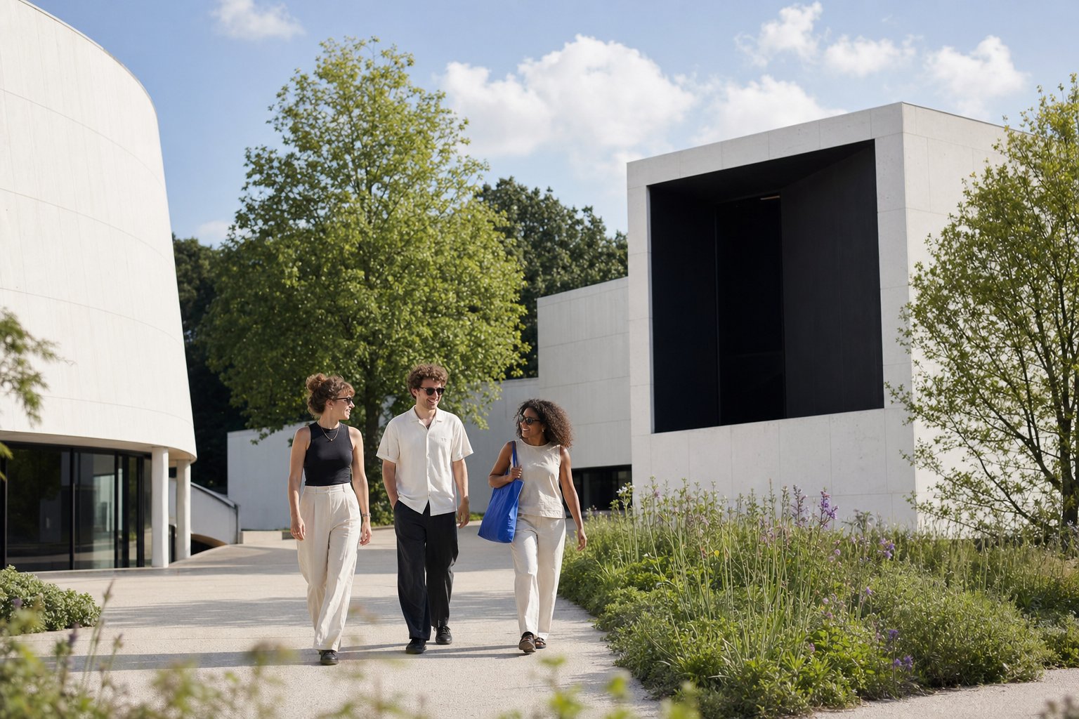 Drie vrienden lopen langs moderne museumpaviljoens in een groene omgeving