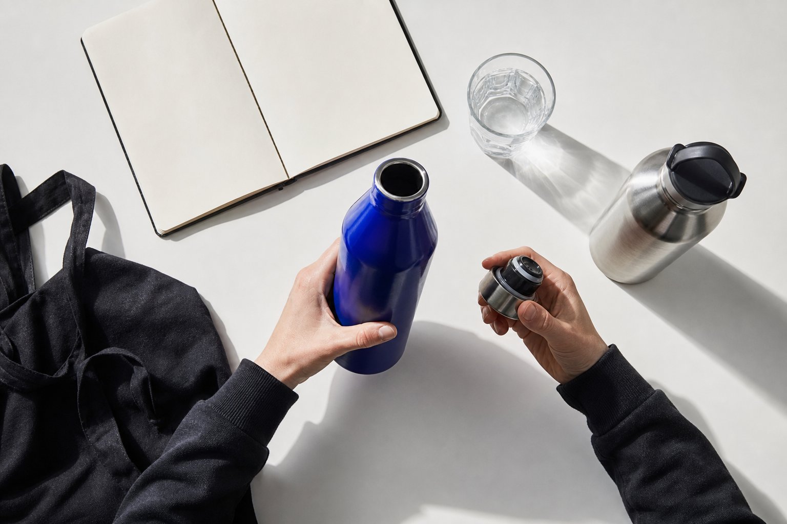 Rustige, alledaagse situatie rond een herbruikbare drinkfles schoonmaken en onderhouden